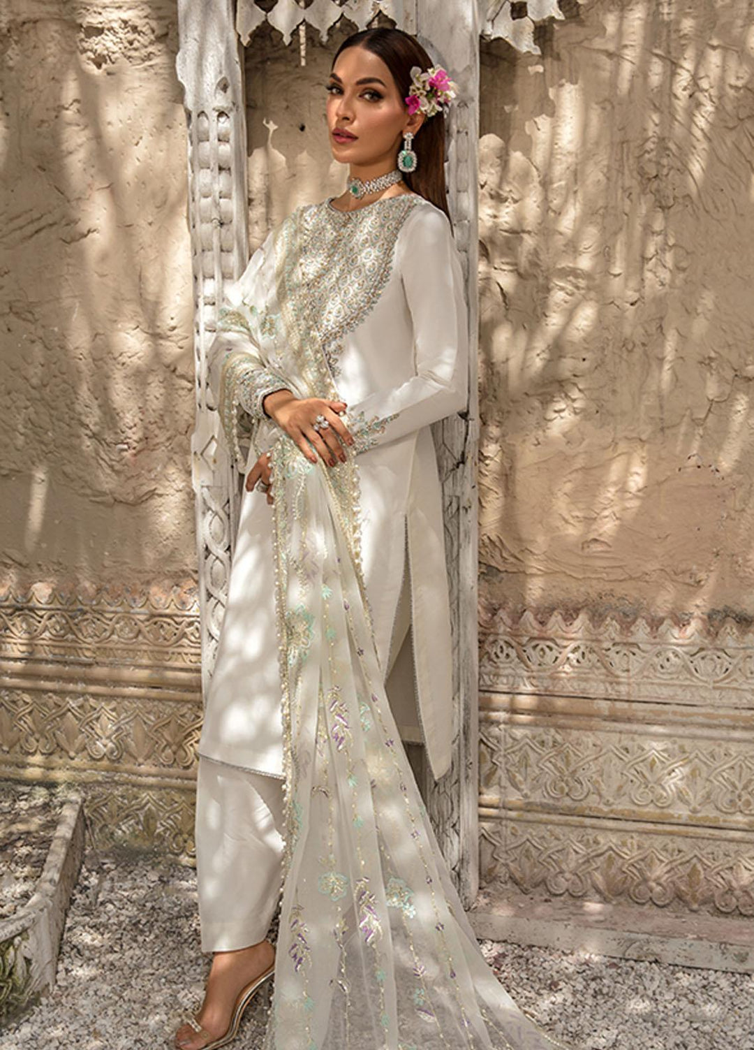Saffron Pret Embroidered  3 Piece Suit 05 Pearl White