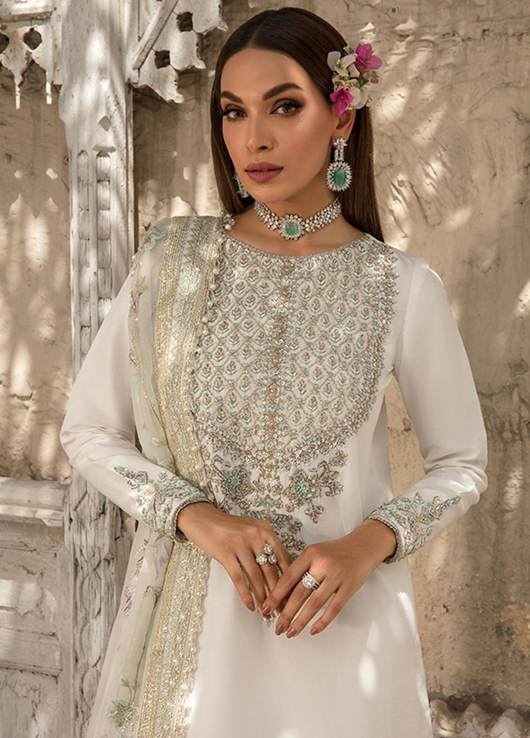 Saffron Pret Embroidered  3 Piece Suit 05 Pearl White