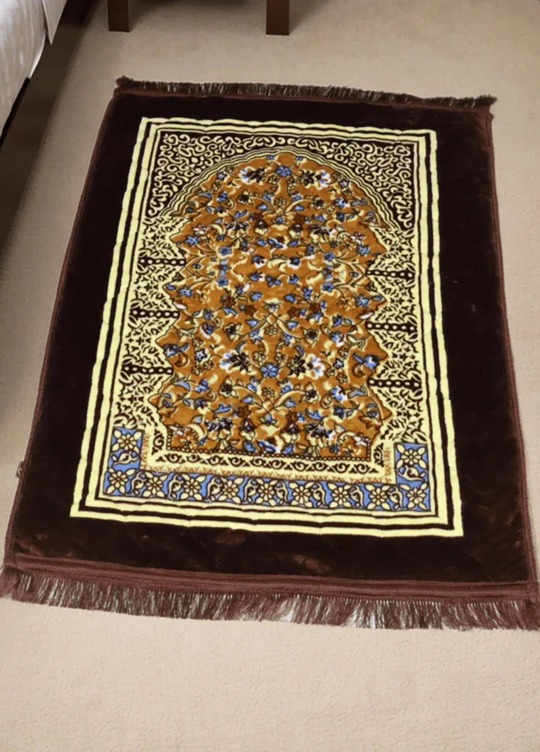 Plush Mink Mughal Janamaz Printed Prayer Mat- Mahogany