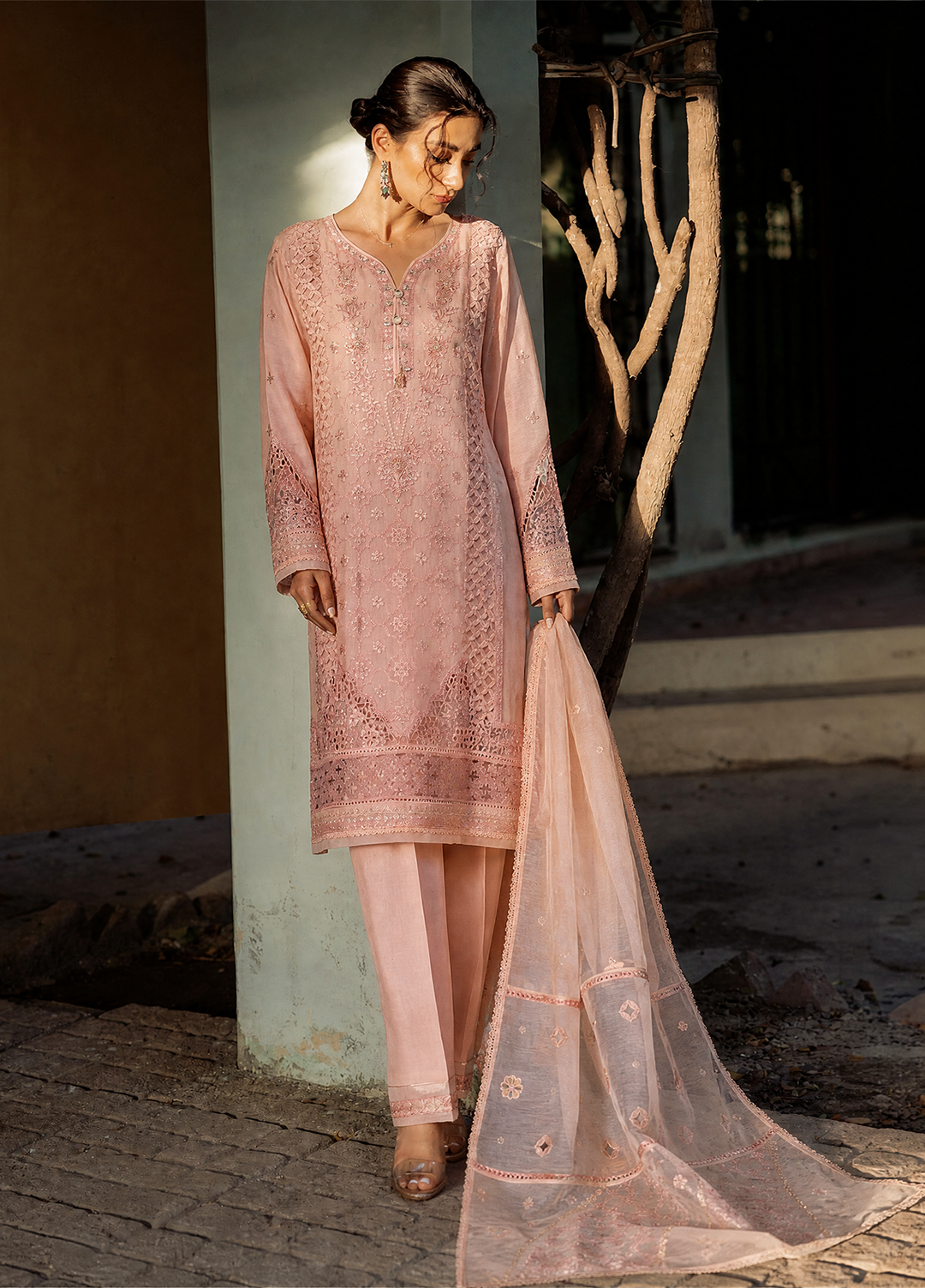 Falsafaa by HZ Textiles RTW Embroidered Organza 3 Piece Suit HZ26ULF HZK-228 Peach - Festive Collection