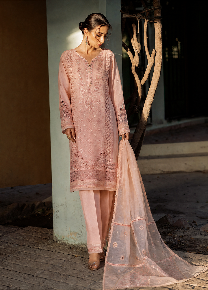 Falsafaa by HZ Textiles RTW Embroidered Organza 3 Piece Suit HZ26ULF HZK-228 Peach - Festive Collection
