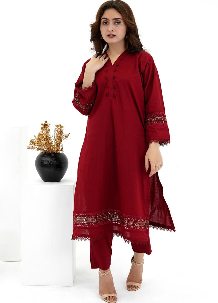 Pret Bee Pret Embroidered Cotton 2 Piece V Neck Maroon