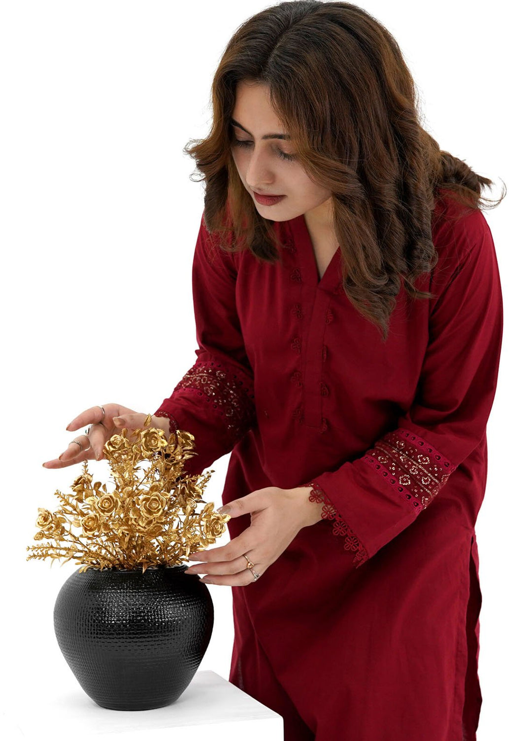 Pret Bee Pret Embroidered Cotton 2 Piece V Neck Maroon