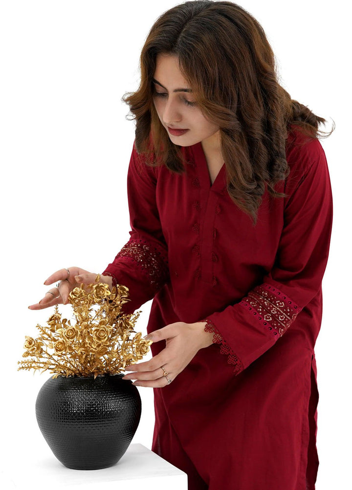 Pret Bee Pret Embroidered Cotton 2 Piece V Neck Maroon