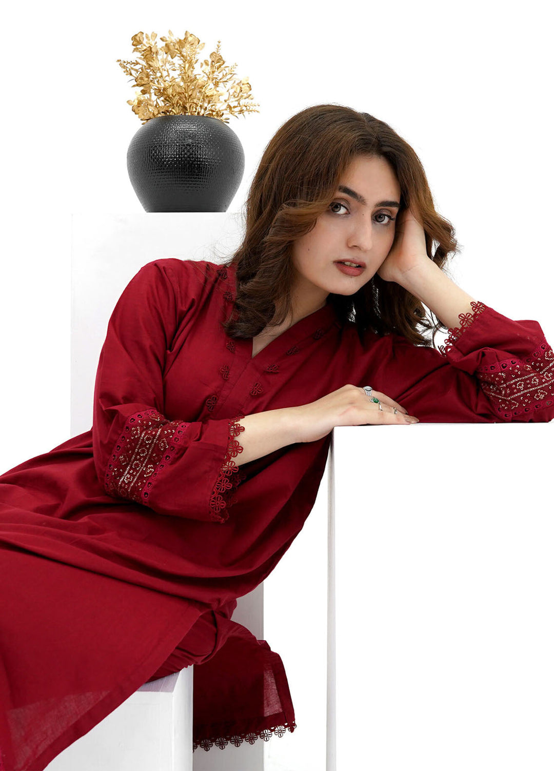 Pret Bee Pret Embroidered Cotton 2 Piece V Neck Maroon