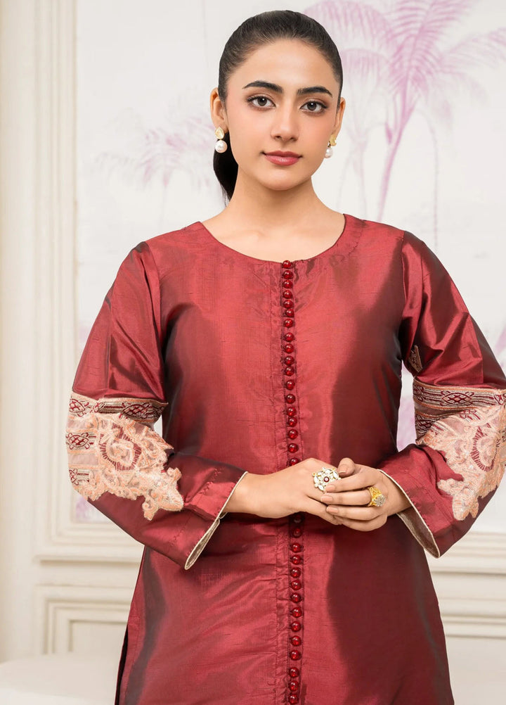 Pret Bee Pret Embroidered Silk 2 Piece Maroon Silk