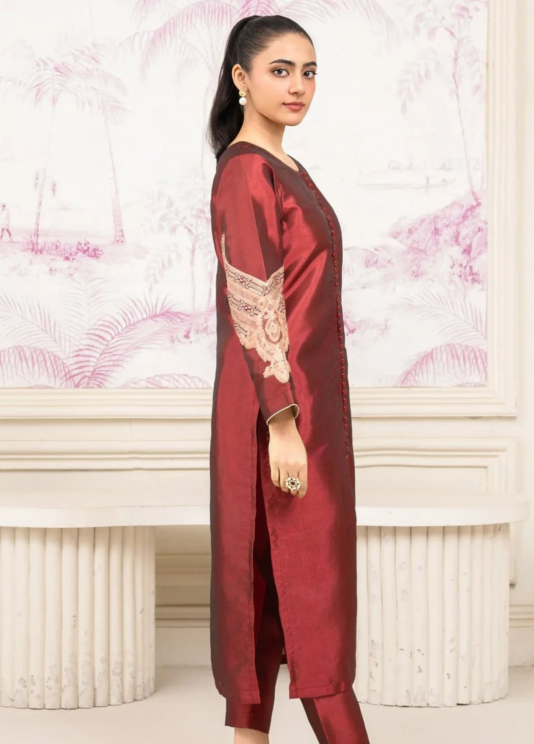 Pret Bee Pret Embroidered Silk 2 Piece Maroon Silk