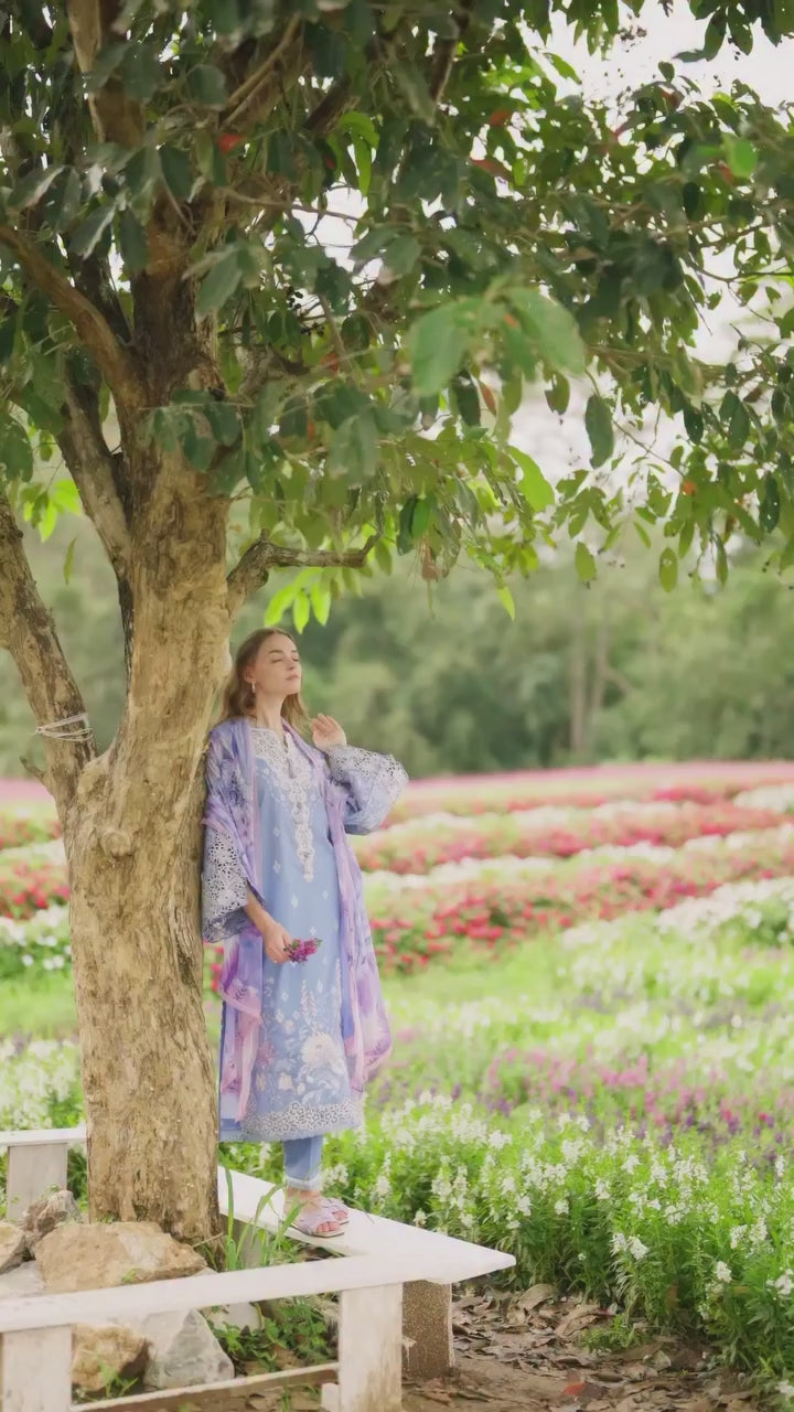 The Secret Garden by Mushq Hemline Unstitched Lawn 3 Piece Suit MU26USG D-15A Azure Bloom - Summer Collection