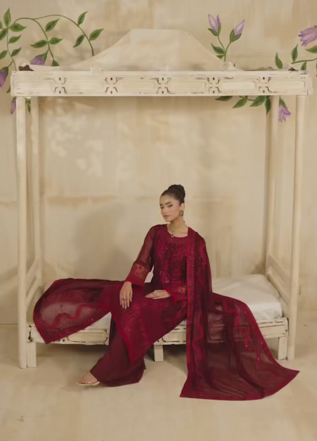 Riwayat by Eileen Pret Embroidered Chiffon 4 Piece Suit C12-Haseen Mahroon - Festive Collection