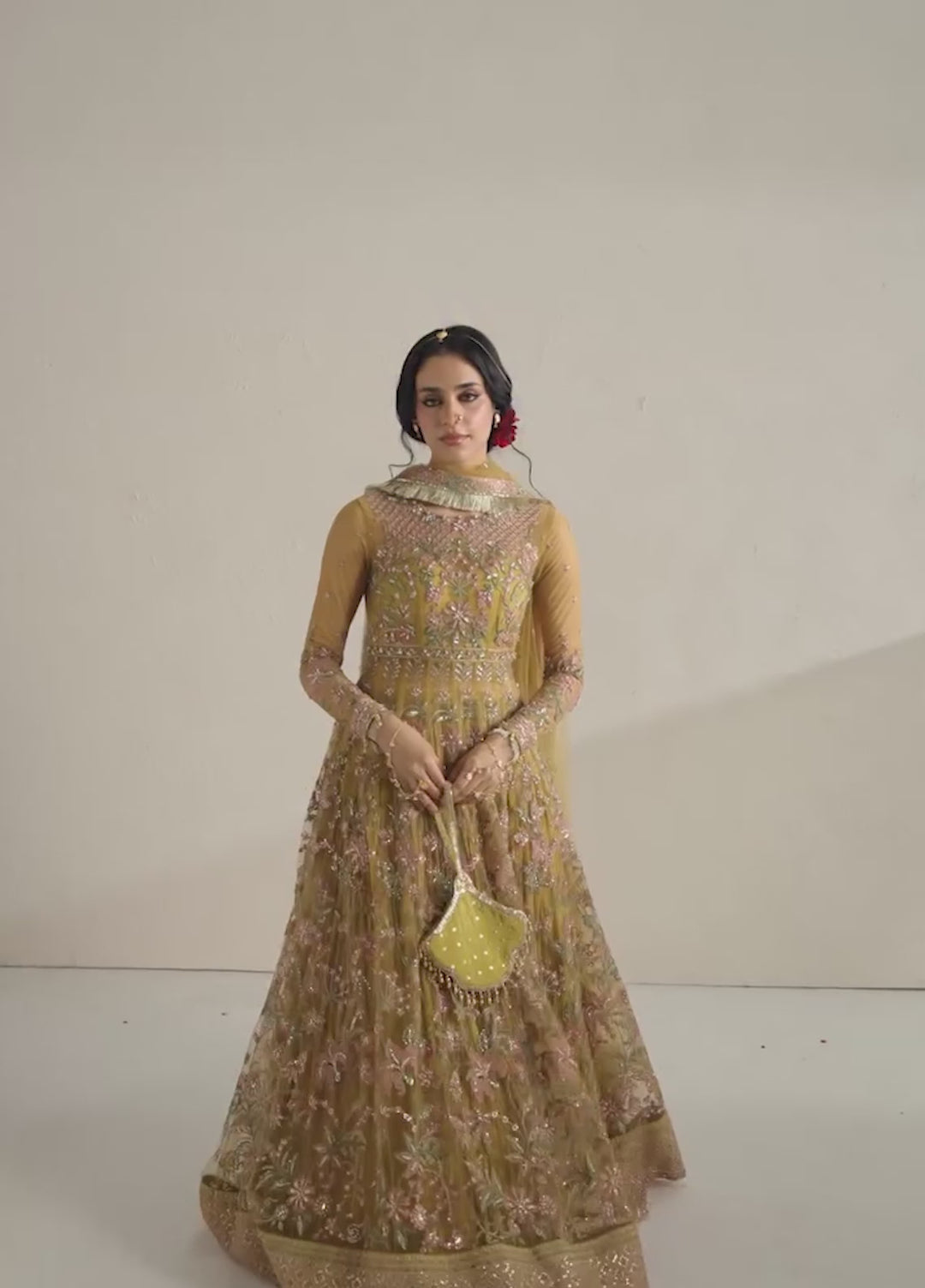 Vera Unstitched Embroidered Net 4 Piece Suit VR26UWF Marigold Mustard - Wedding Collection