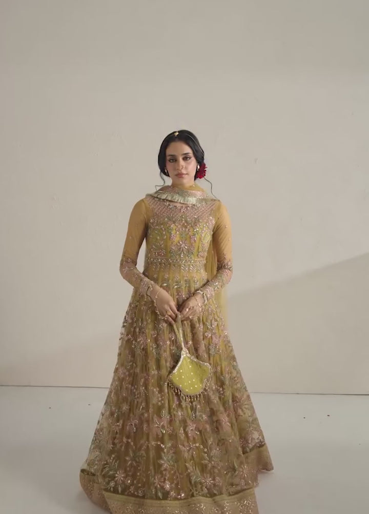 Vera Unstitched Embroidered Net 4 Piece Suit VR26UWF Marigold Mustard - Wedding Collection