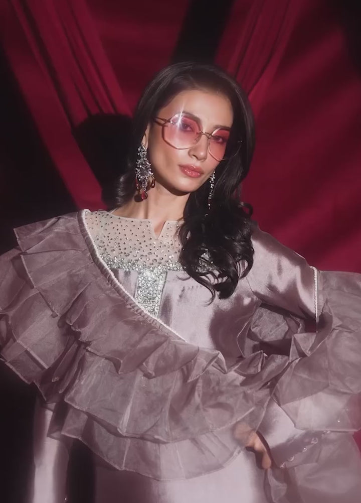 The Glamorous by Musferah Saad RTW Hand work Tissue Silk 3 Piece Suit Ashe Rose - Festive Collection
