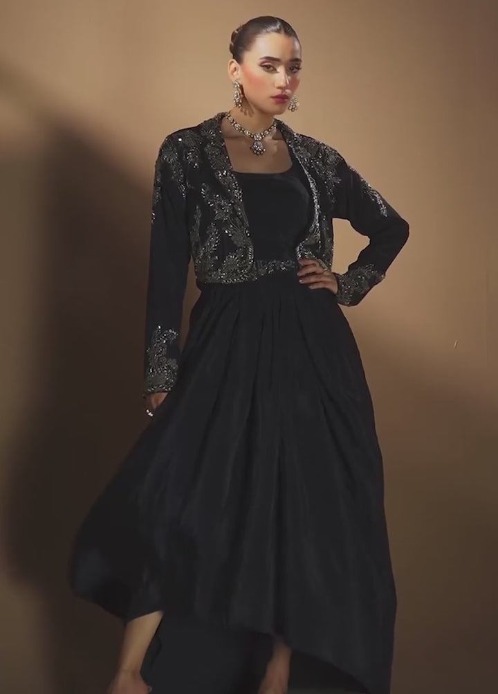 Gia by House Of Nyyra Women Pret Embroidered 3 Piece Navy Blue Silk Skirt Set With Embellished Jacket - Festive Collection