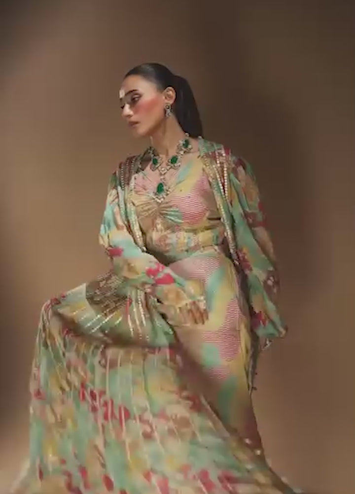 Gia by House Of Nyyra Women Pret Printed 3 Piece Vibrant Geometric Patterned Silk Pant And Jacket - Festive Collection