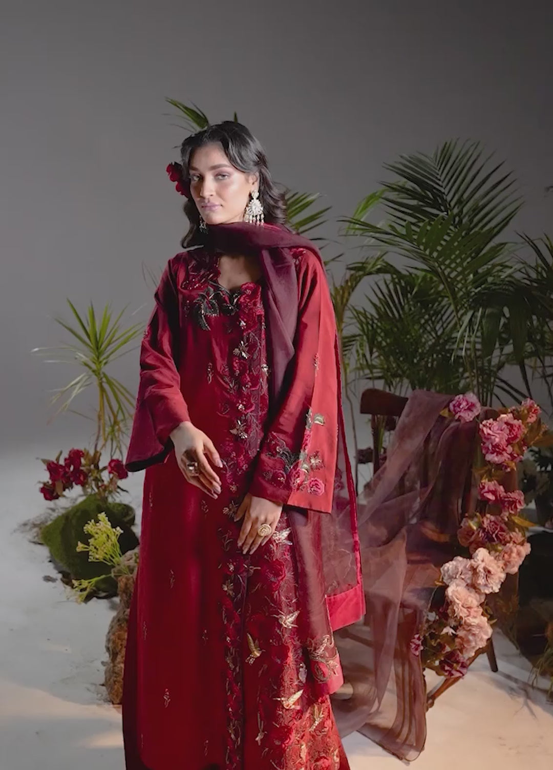 Jamnii Pret Embroidered Viscose 3 Piece Suit Scarlet Dream