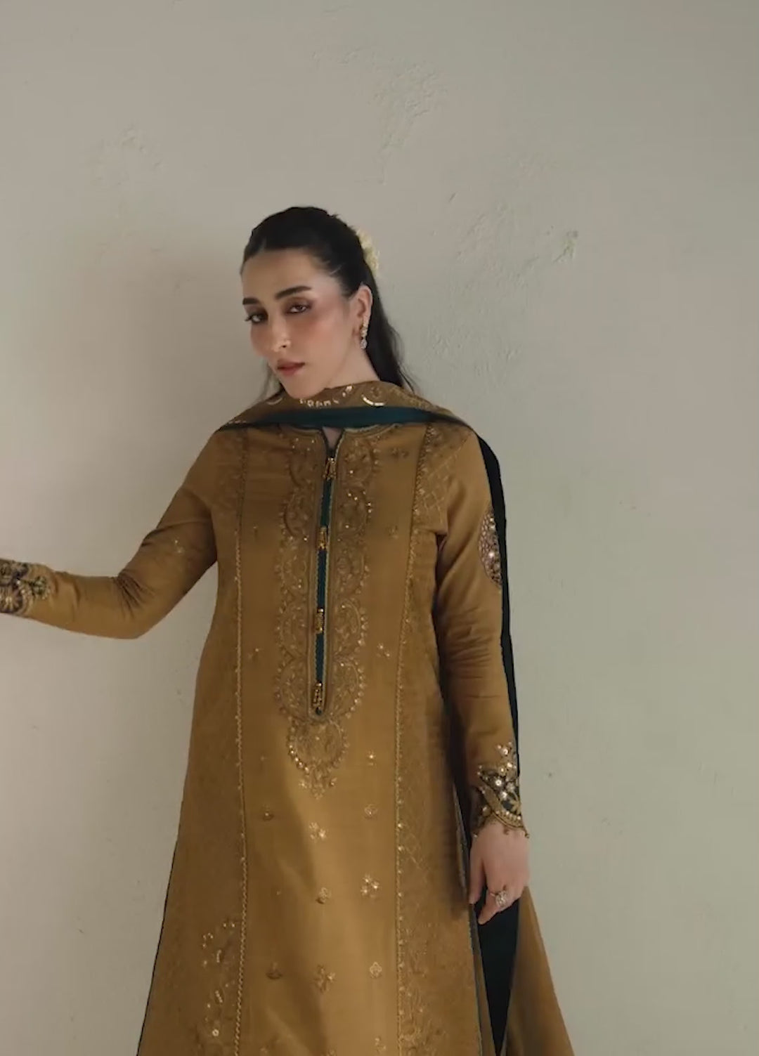Vera Unstitched Embroidered Raw Silk 3 Piece Suit VR26URF Kundan Antique Gold - Festive Collection
