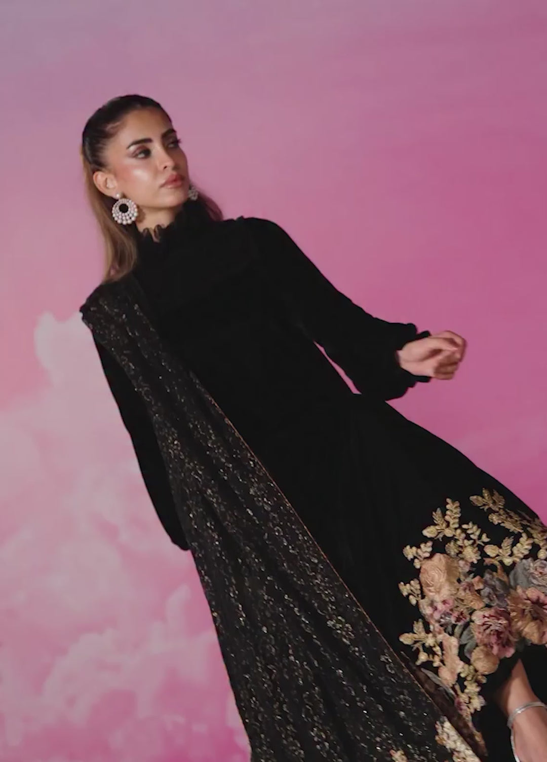 Mount Olypus by Musferah Saad Pret Embroidered Velvet Kaftan Noir Blossom - Festive Collection