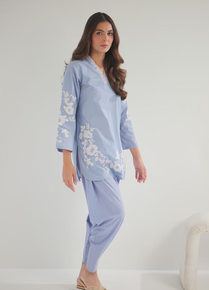 Pret Essentials by Sahar Womens RTW Embroidered Cambric 2 Piece Suit Lapis Flora - Casual Collection
