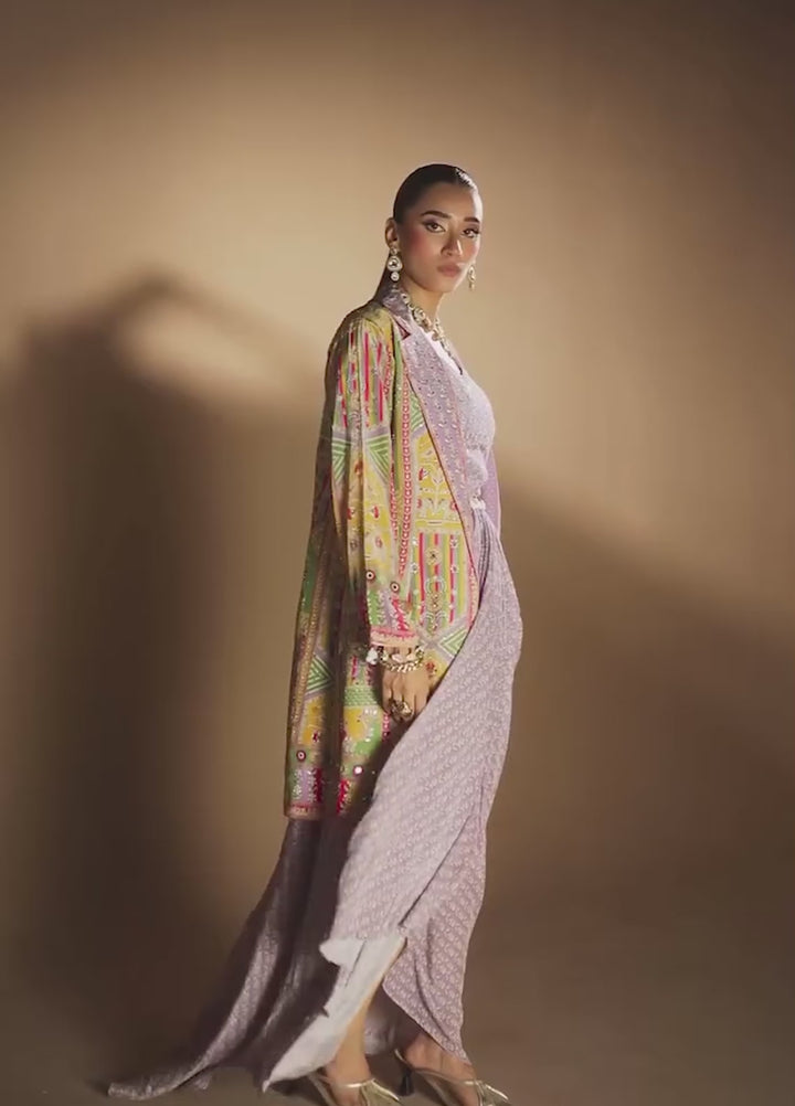 Gia by House Of Nyyra Women Pret Printed 3 Piece Lilac Jacket With Skirt Set - Festive Collection