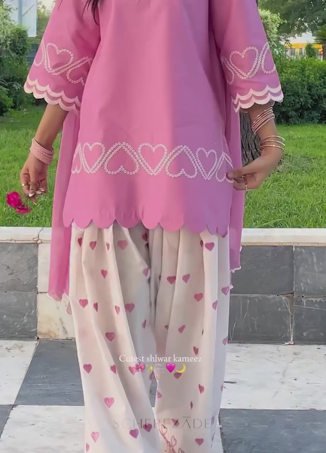 Scherezade Women RTW Embroidered Lawn Cotton 3 Piece Suit PINK HEARTS - Casual Collection