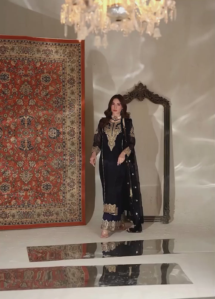 Abaan Zohan Women RTW Embroidered Chiffon 3 Piece Suit Andaz Navy Blue - Festive Collection