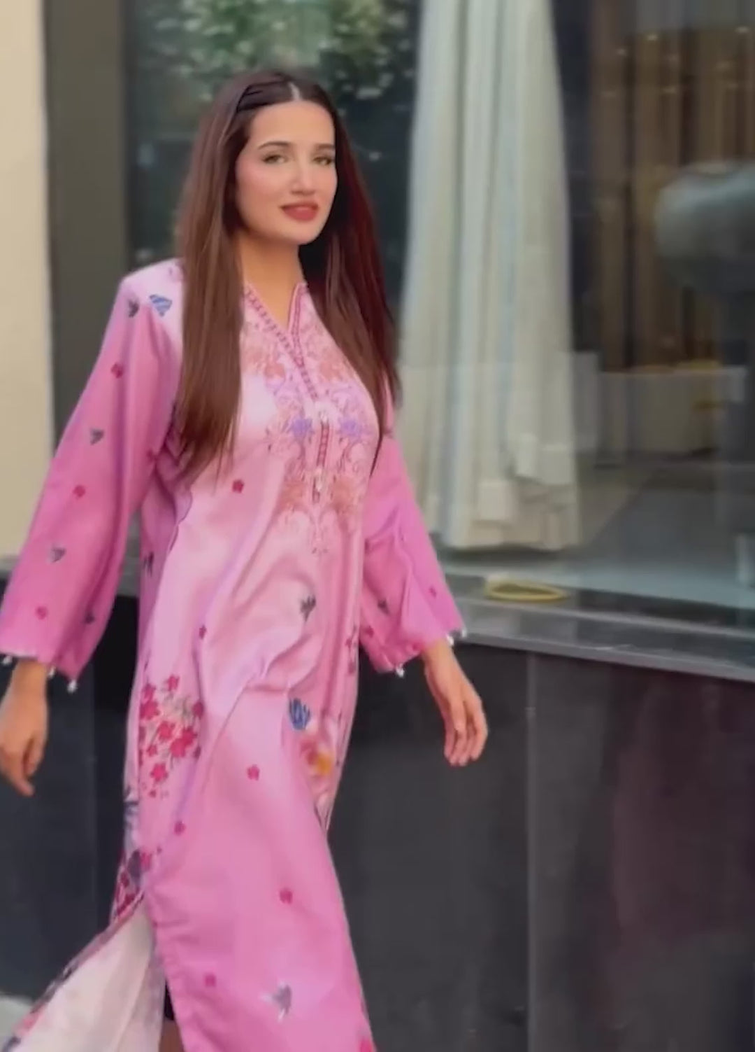 Mataish Women RTW Printed Crepe 1 Piece Suit Pink Floral Long Shirt - Festive Collection