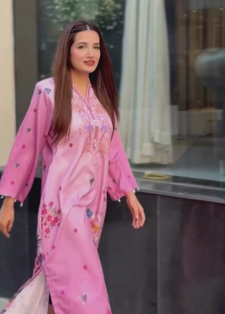 Mataish Women RTW Printed Crepe 1 Piece Suit Pink Floral Long Shirt - Festive Collection