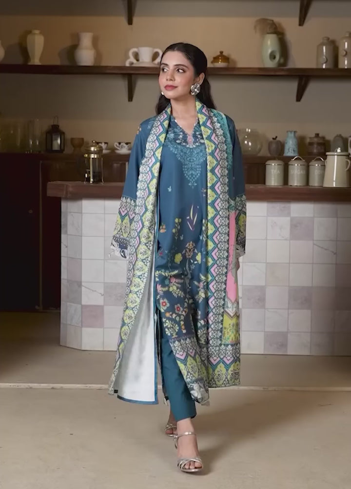 Mataish Women RTW Printed Crepe 3 Piece Suit Teal Blossom Suit - Festive Collection