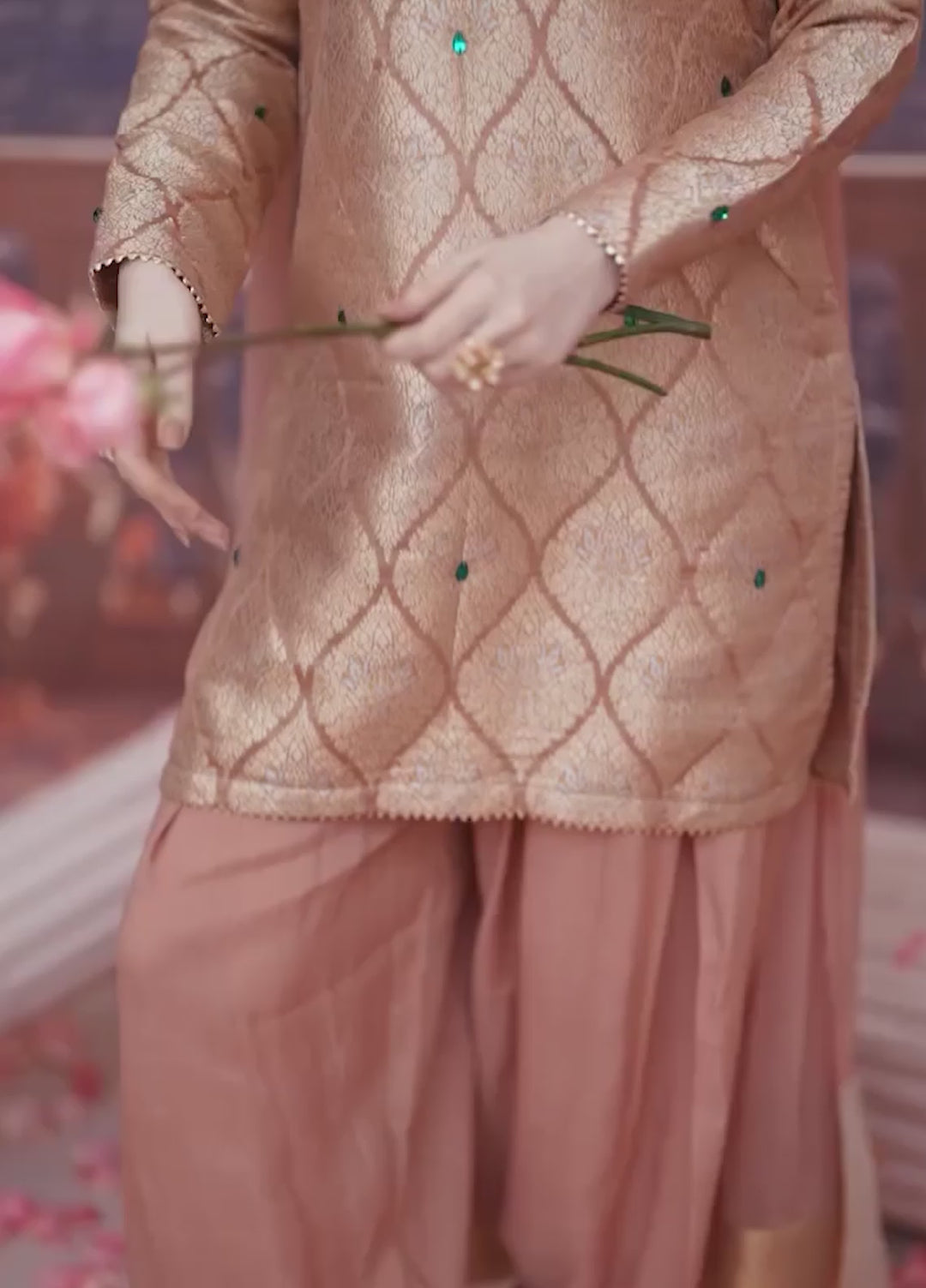 Golden Hour by Ripret RTW Embroidered Cotton Silk 3 Piece Suit Blush Rose RP-2601-F07 - Festive Collection