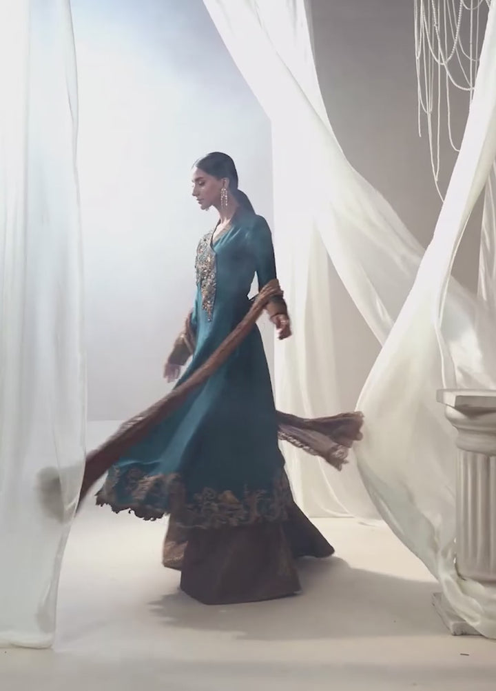 Twilight by Musferah Saad RTW Hand work Tissue Silk 3 Piece Suit Teal Temptress - Eid Collection
