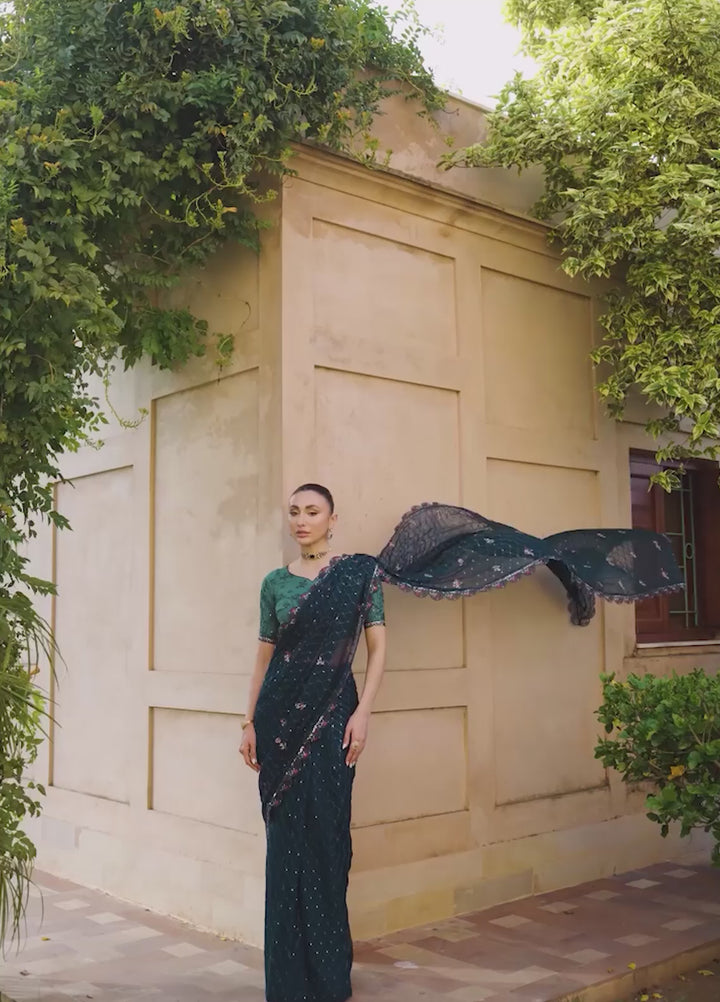 Rusukh by Sahane Unstitched Embroidered Chiffon Saree Suit GHAZAL Festive Collection