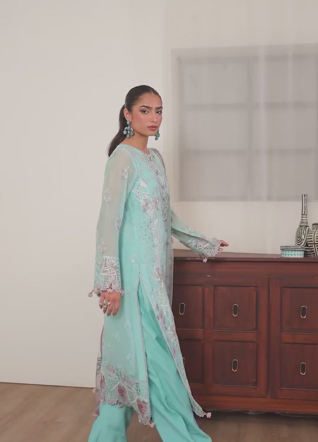 Era by Waresha Women Embroidered Chiffon 3 Piece Suit Frosted Azure WFE-08 - Formals Collection