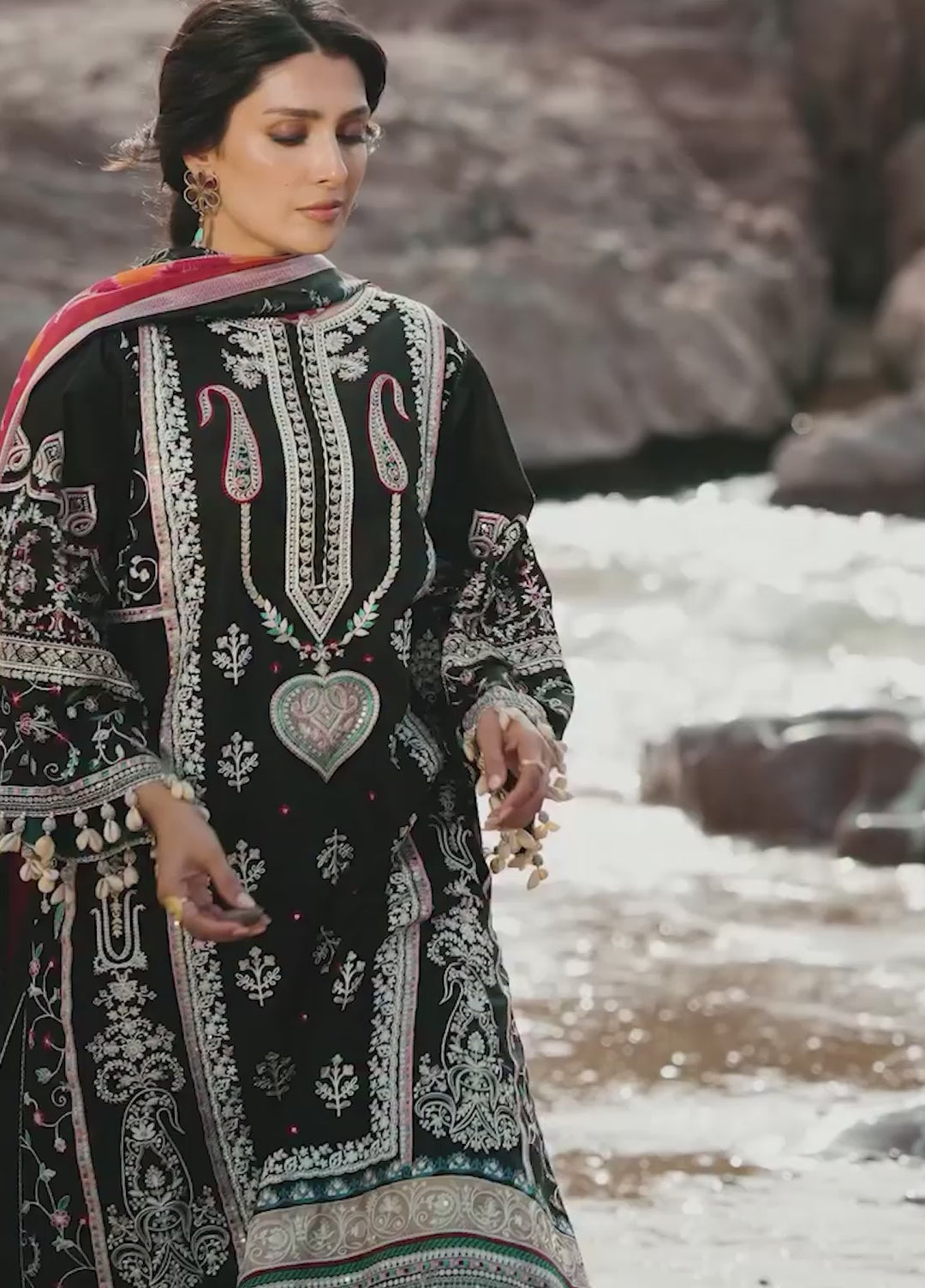 Siraa by Sadaf Fawad Khan Unstitched Embroidered Luxury Lawn 3 Piece Suit SDF26USL Kohl - Festive Collection