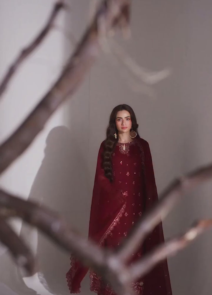 Ensembles by Azure Unstitched Embroidered Chiffon 3 Piece Suit AZ26UEF Ruby Rogue - Festive Collection