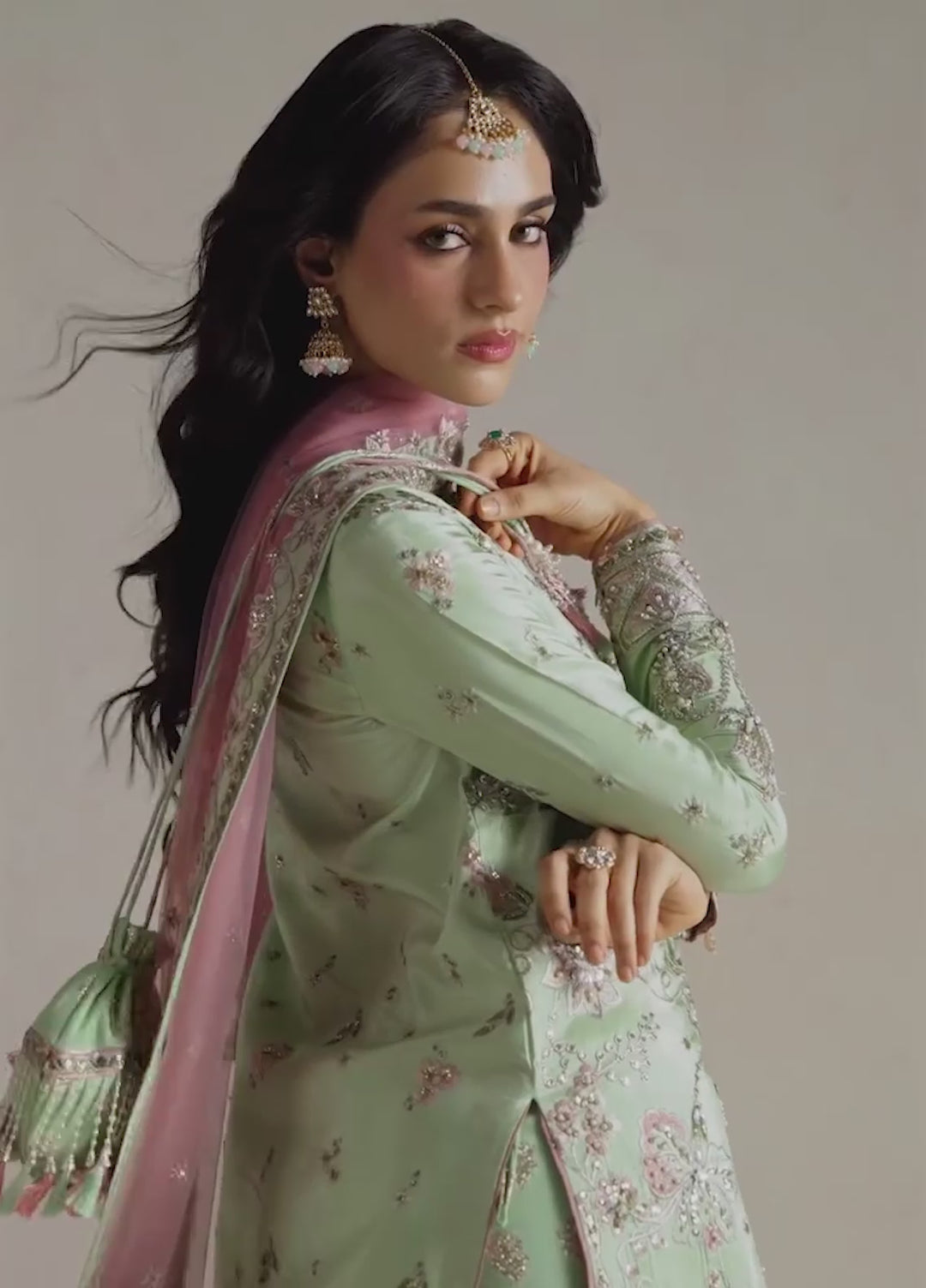 Vera Unstitched Embroidered Silk 3 Piece Suit VR26UWF Resham Mint Green - Wedding Collection