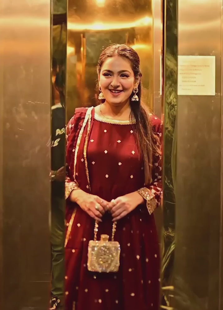 Abaan Zohan Women RTW Embroidered Chiffon 3 Piece Suit Bahar Maroon - Festive Collection