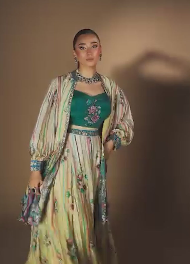 Gia by House Of Nyyra Women Pret Printed 3 Piece Bottle Green Blouse With Printed Pant Suit - Festive Collection