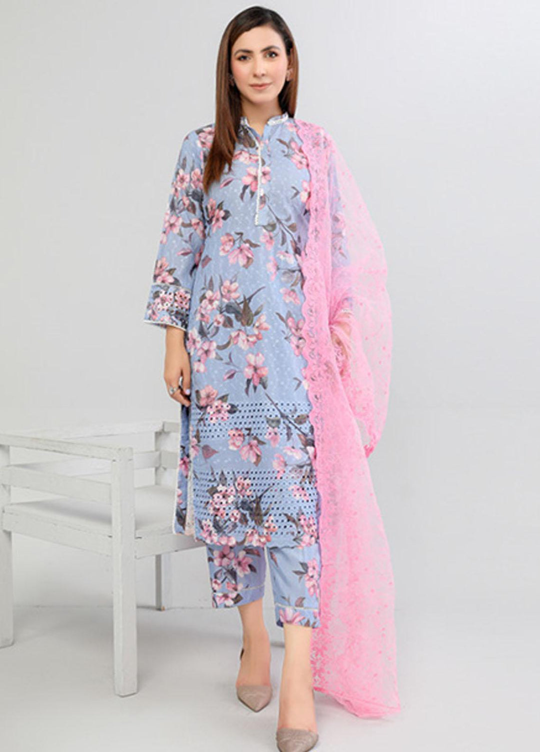 PrintKari By Noorma Kaamal Chikankari Schiffli Suits Unstitched 3 Piece NK23PK NK-DCP-03 - Summer Collection