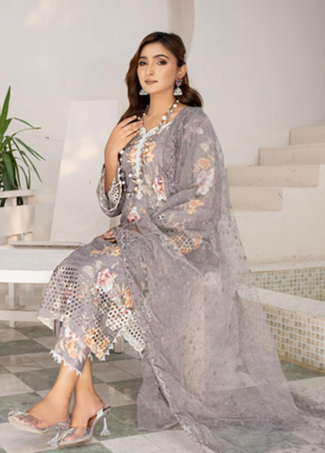PrintKari By Noorma Kaamal Chikankari Schiffli Suits Unstitched 3 Piece NK23PK NK-DCP-08 - Summer Collection