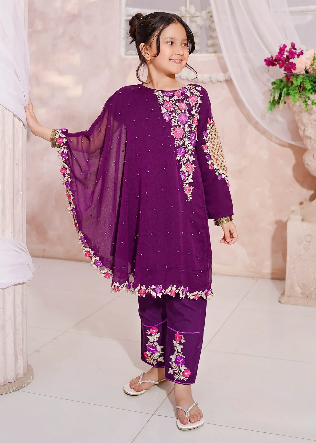 Modest Girls RTW Embroidered Chiffon 3 Piece Suit Pearl Cape Wedding Collection