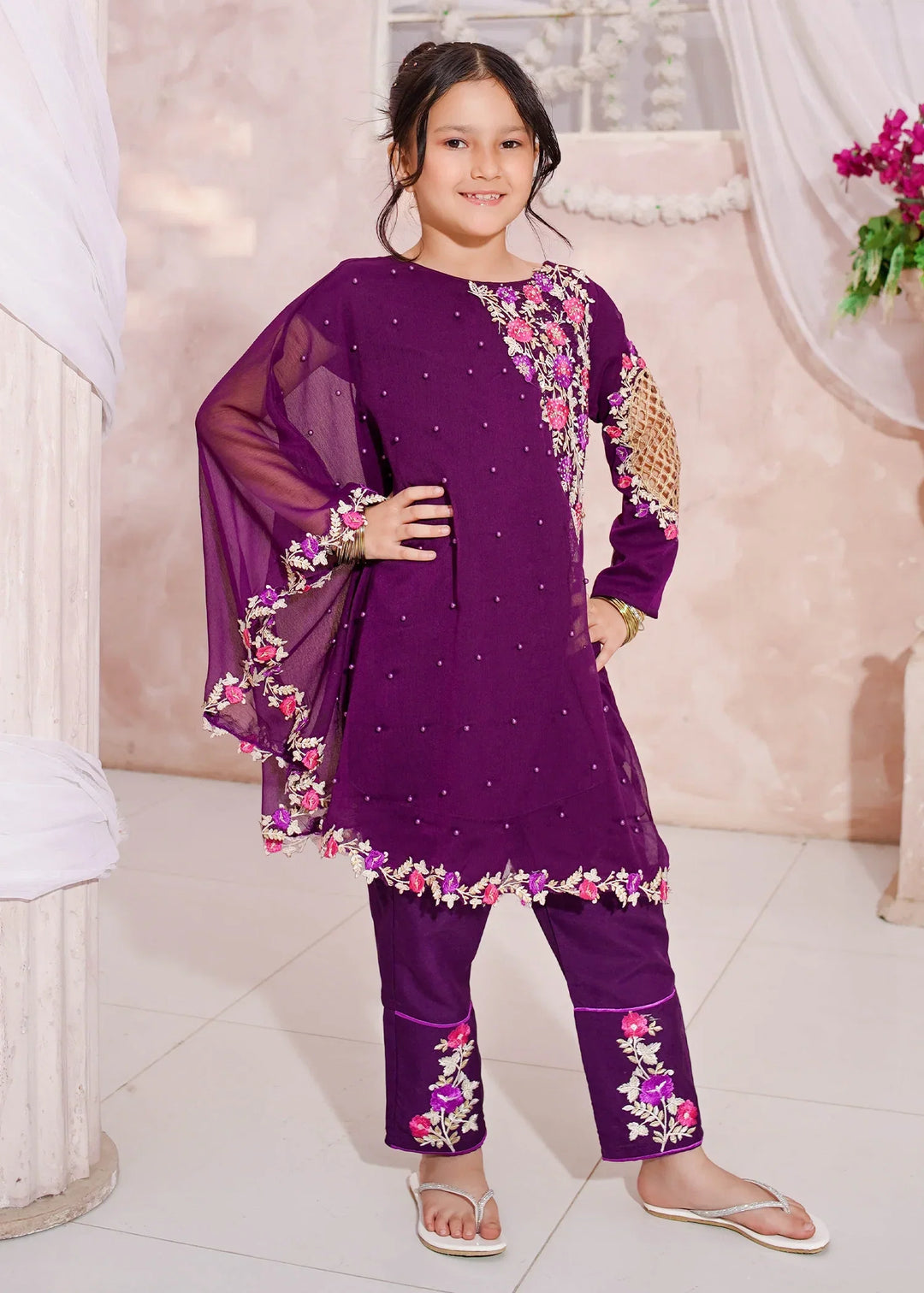 Modest Girls RTW Embroidered Chiffon 3 Piece Suit Pearl Cape Wedding Collection