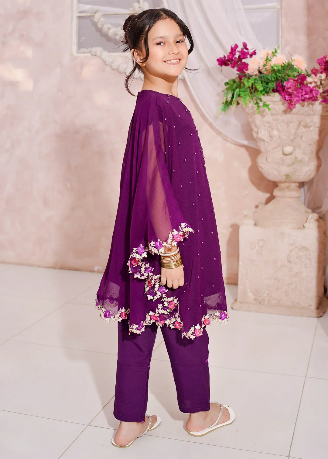 Modest Girls RTW Embroidered Chiffon 3 Piece Suit Pearl Cape Wedding Collection
