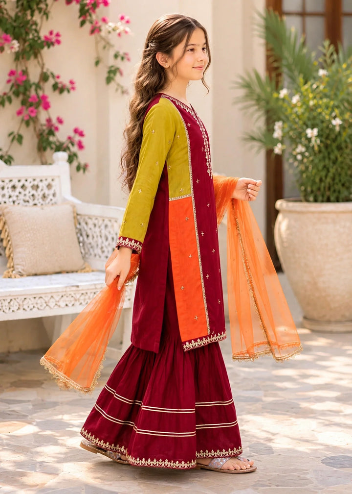 Modest Pret Edit Girls 3 Piece Embroidered Raw Silk Gharara - Festive Collection