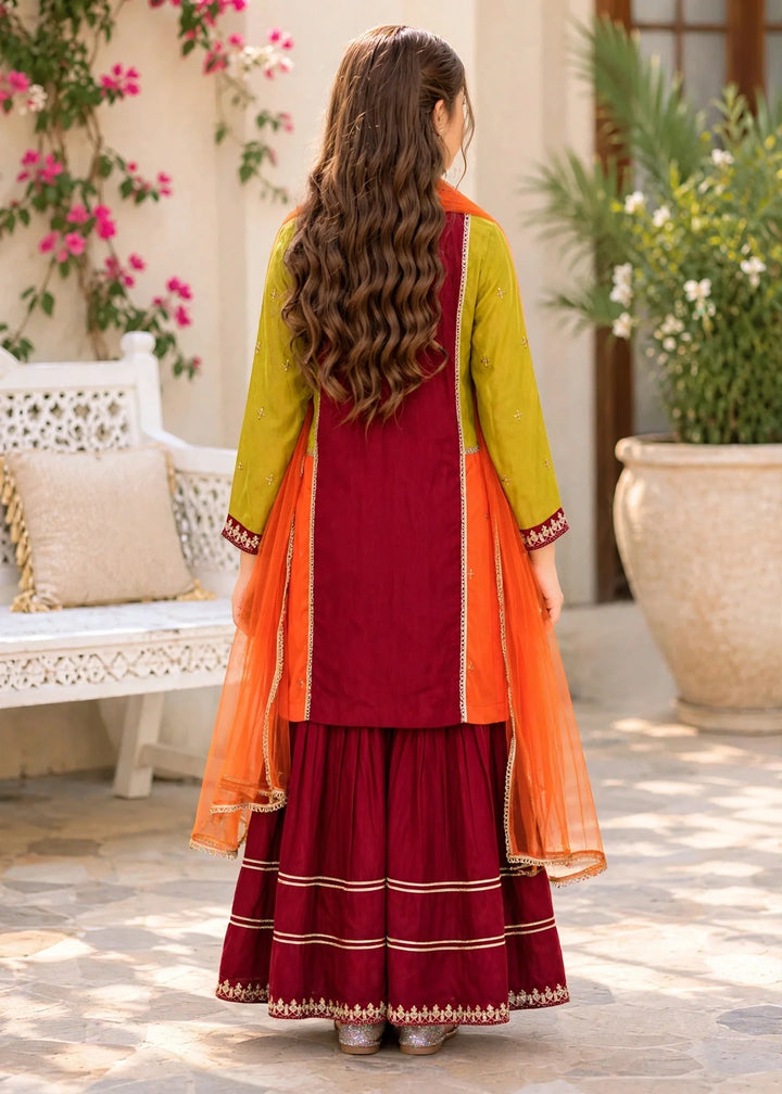 Modest Pret Edit Girls 3 Piece Embroidered Raw Silk Gharara - Festive Collection