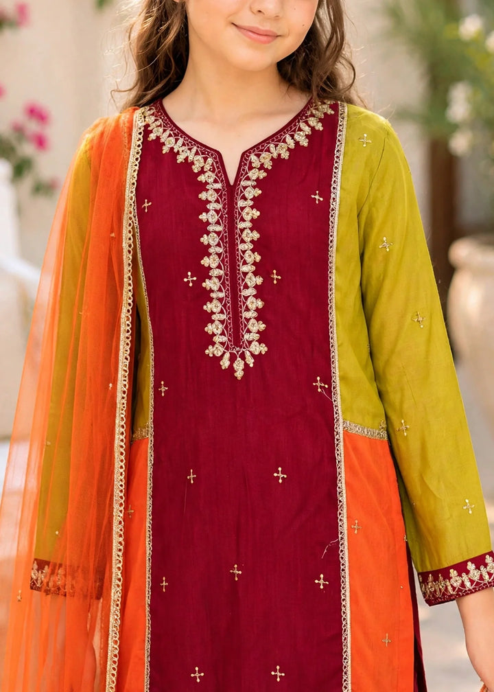 Modest Pret Edit Girls 3 Piece Embroidered Raw Silk Gharara - Festive Collection