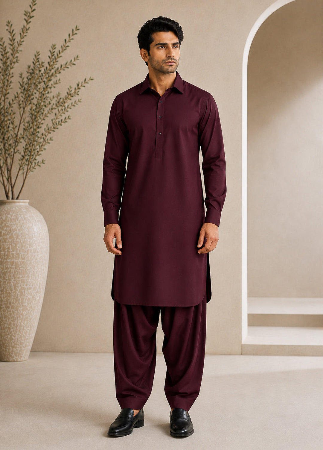 Mazham Mens Pret Solids 2 Piece Solids Dark Marron French Collar Shalwar Kameez - Festive Collection