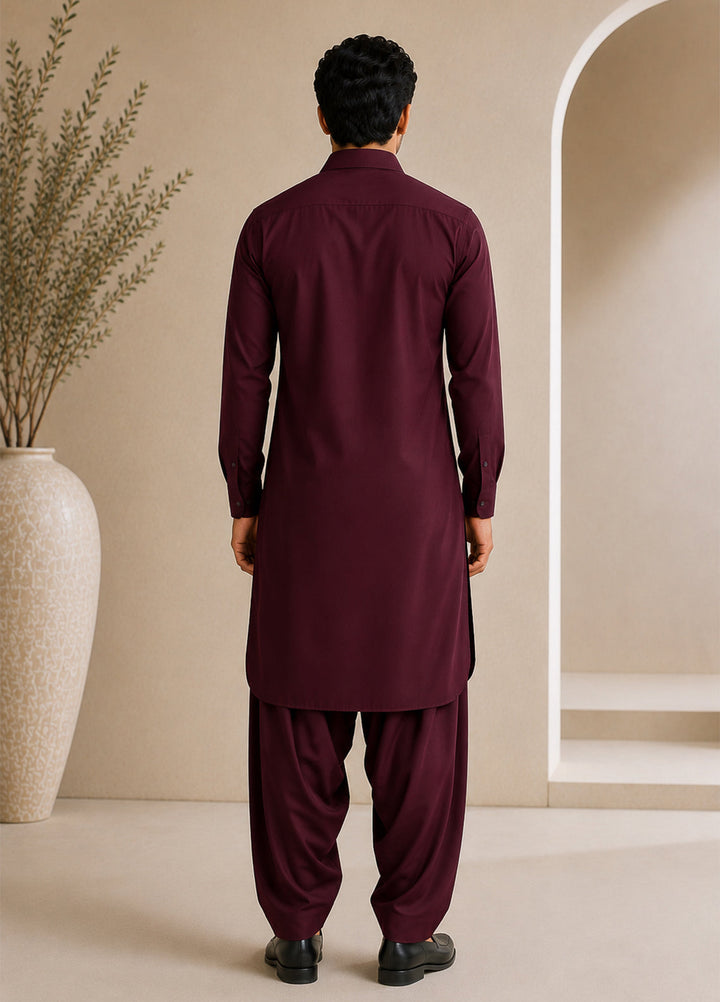 Mazham Mens Pret Solids 2 Piece Solids Dark Marron French Collar Shalwar Kameez - Festive Collection