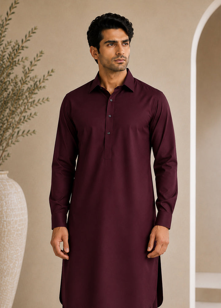 Mazham Mens Pret Solids 2 Piece Solids Dark Marron French Collar Shalwar Kameez - Festive Collection