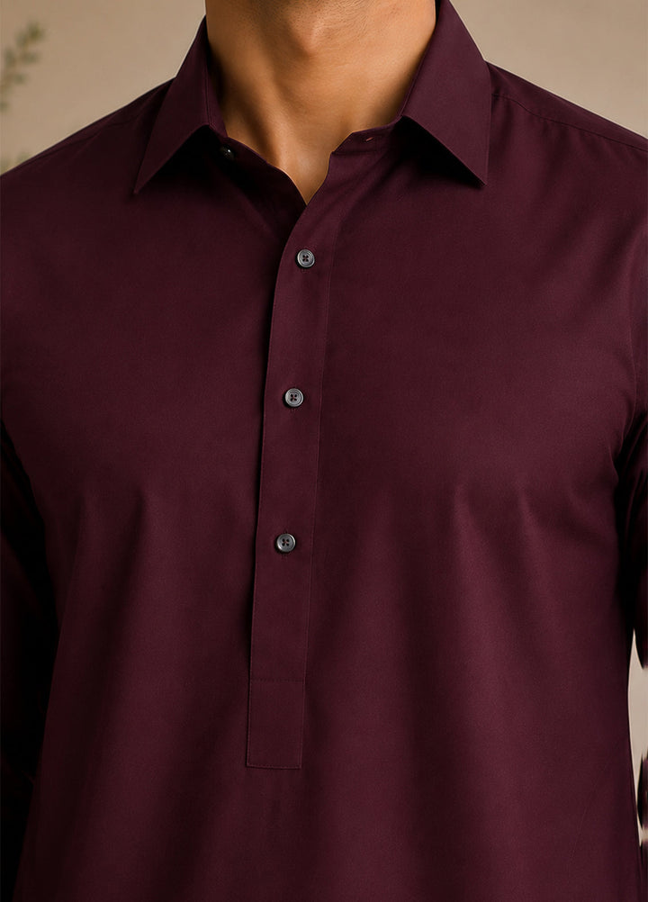 Mazham Mens Pret Solids 2 Piece Solids Dark Marron French Collar Shalwar Kameez - Festive Collection