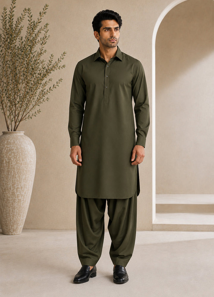 Mazham Mens Pret Solids 2 Piece Solids Army Green French Collar Shalwar Kameez - Festive Collection